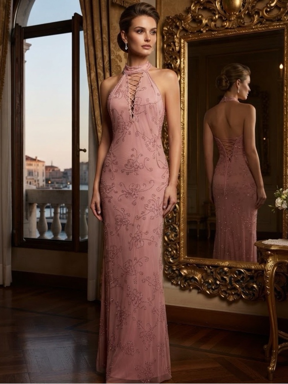Elegant Pink Halter-Back hand Beaded Evening Dress power mesh stretch fabric